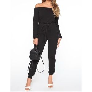 Off shoulder black & white stripe jumpsuit